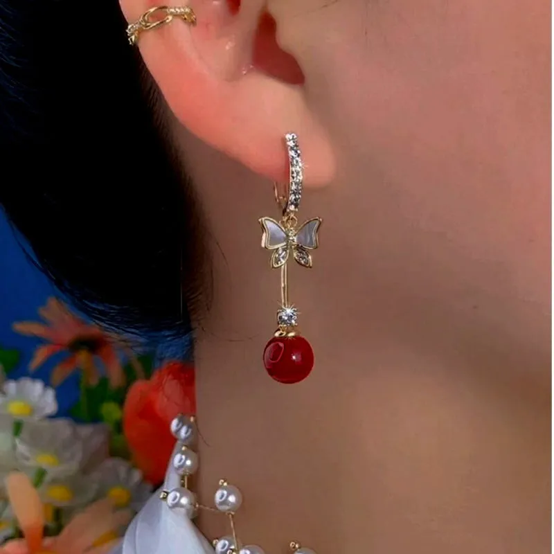 14K Gold-Plated Exquisite Butterfly Red Bead Earrings
