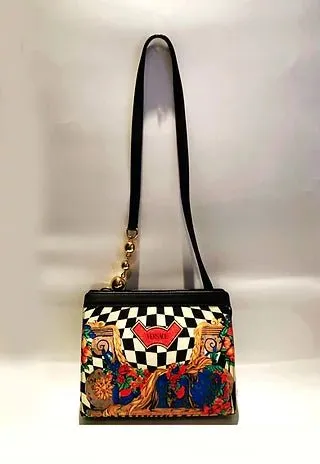 1980s GIANNI VERSACE Block CHECKERED FLOWER PRINT SHOULDER BAG