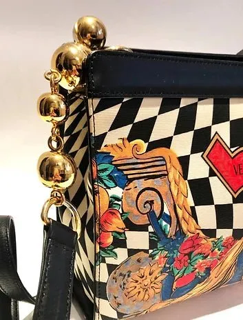 1980s GIANNI VERSACE Block CHECKERED FLOWER PRINT SHOULDER BAG