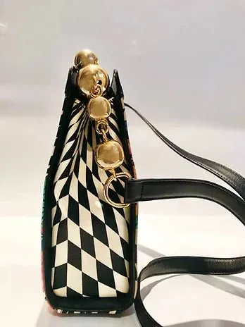 1980s GIANNI VERSACE Block CHECKERED FLOWER PRINT SHOULDER BAG