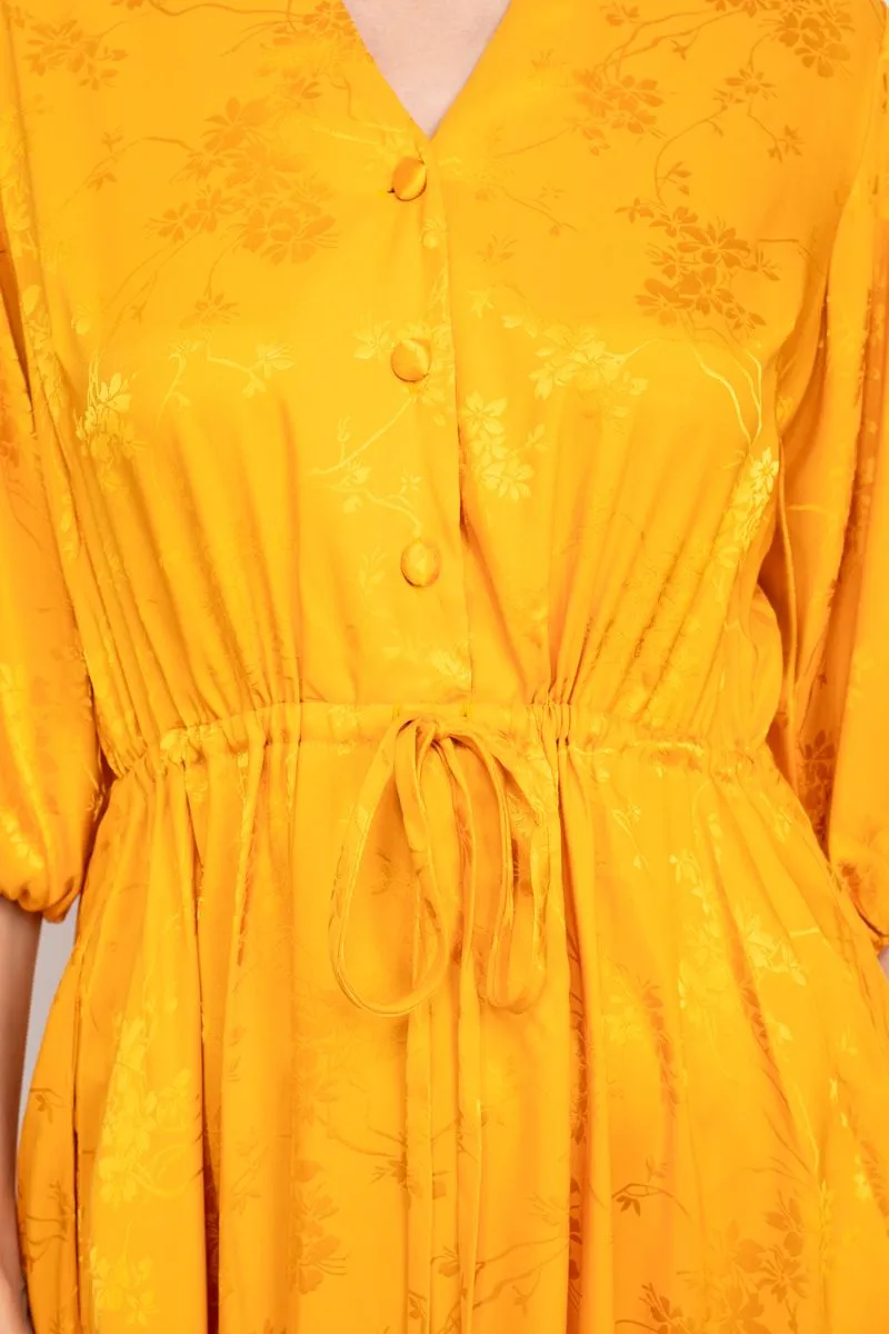 52 Seven split neck balloon sleeve pullover button closure at front drawstring waist jacquard dress with pockets