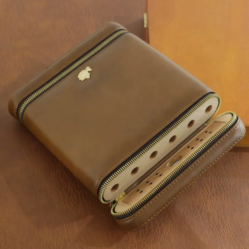 6-Finger Cigar Humidor Leather Cedar Wood Cigar Case