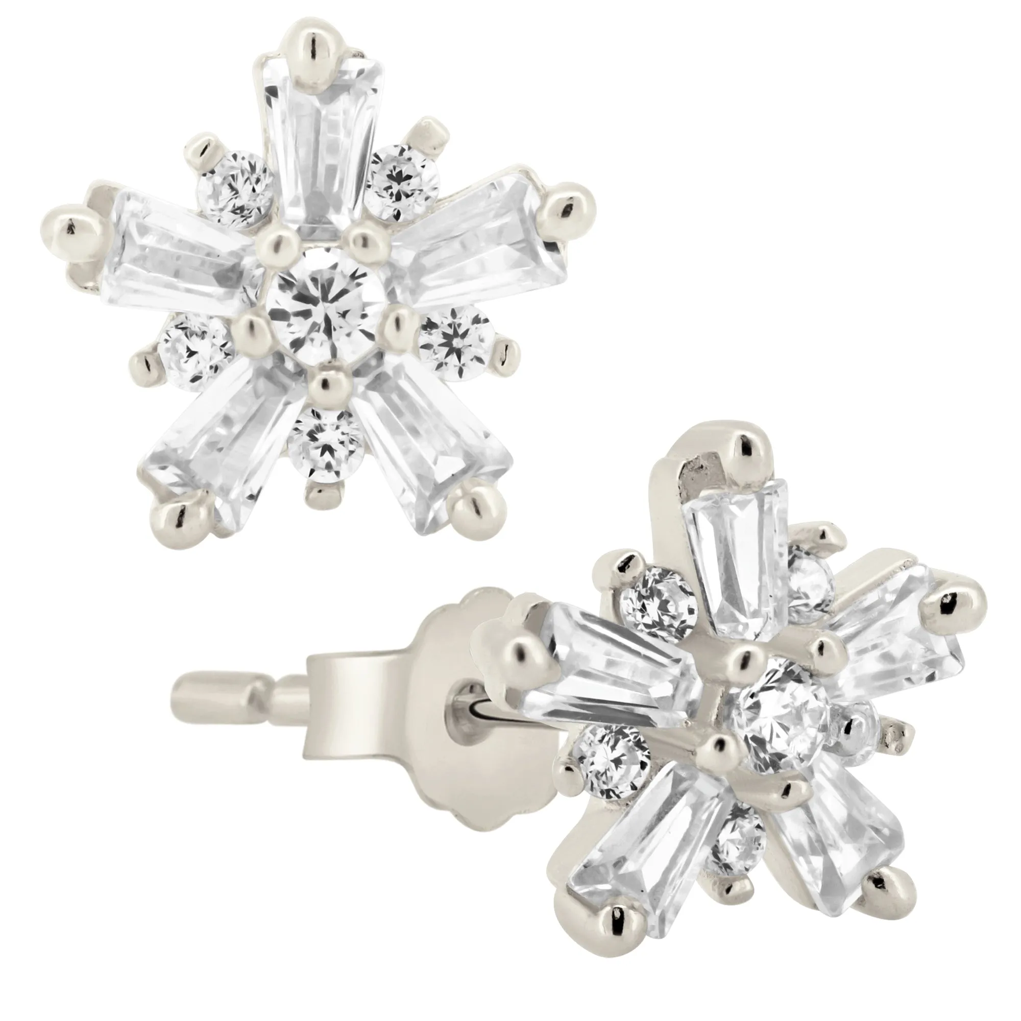 925 Sterling Silver Starburst Design with Cubic Zirconia Earrings Stud Push Backing
