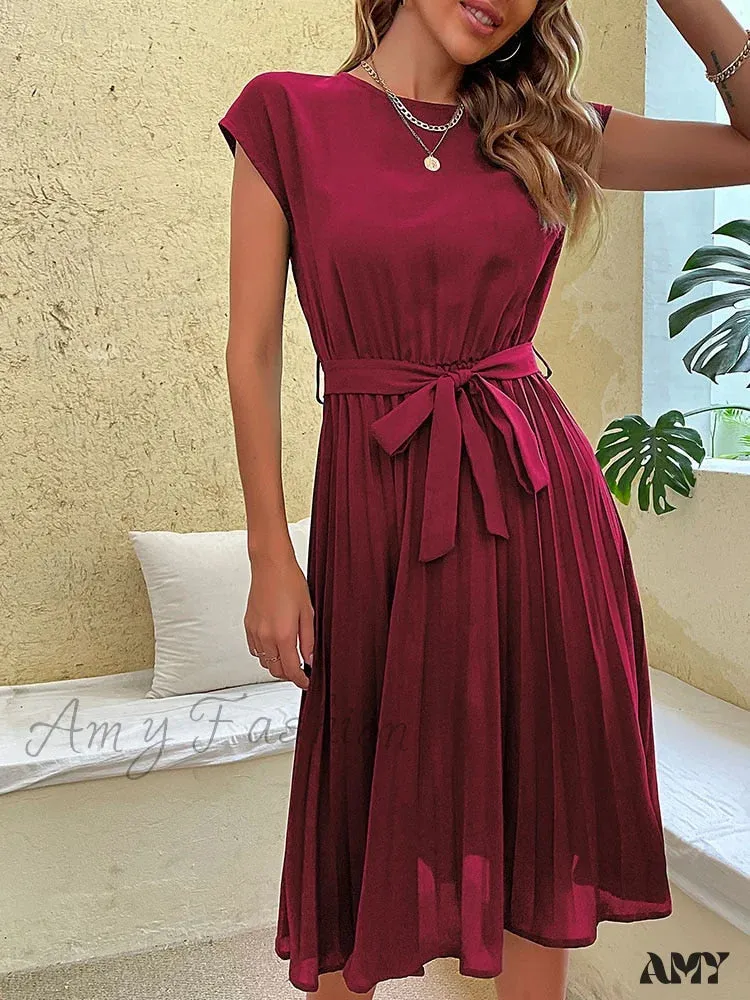 Amy Fashion - Casual Beach Sundress Short Sleeve Pleated Midi Dress