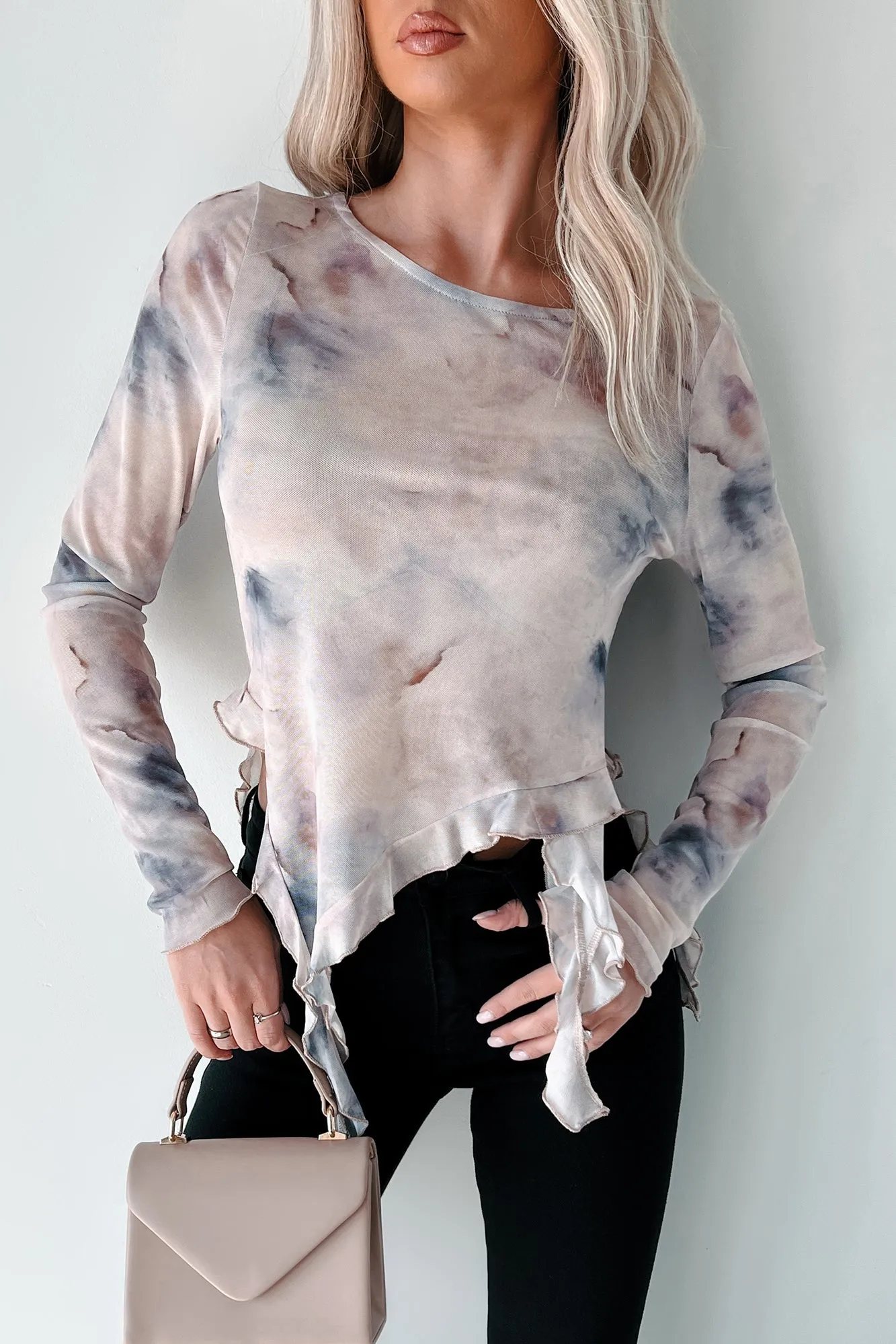 Artistic Expression Ruffle Mesh Top (Grey/Mauve)