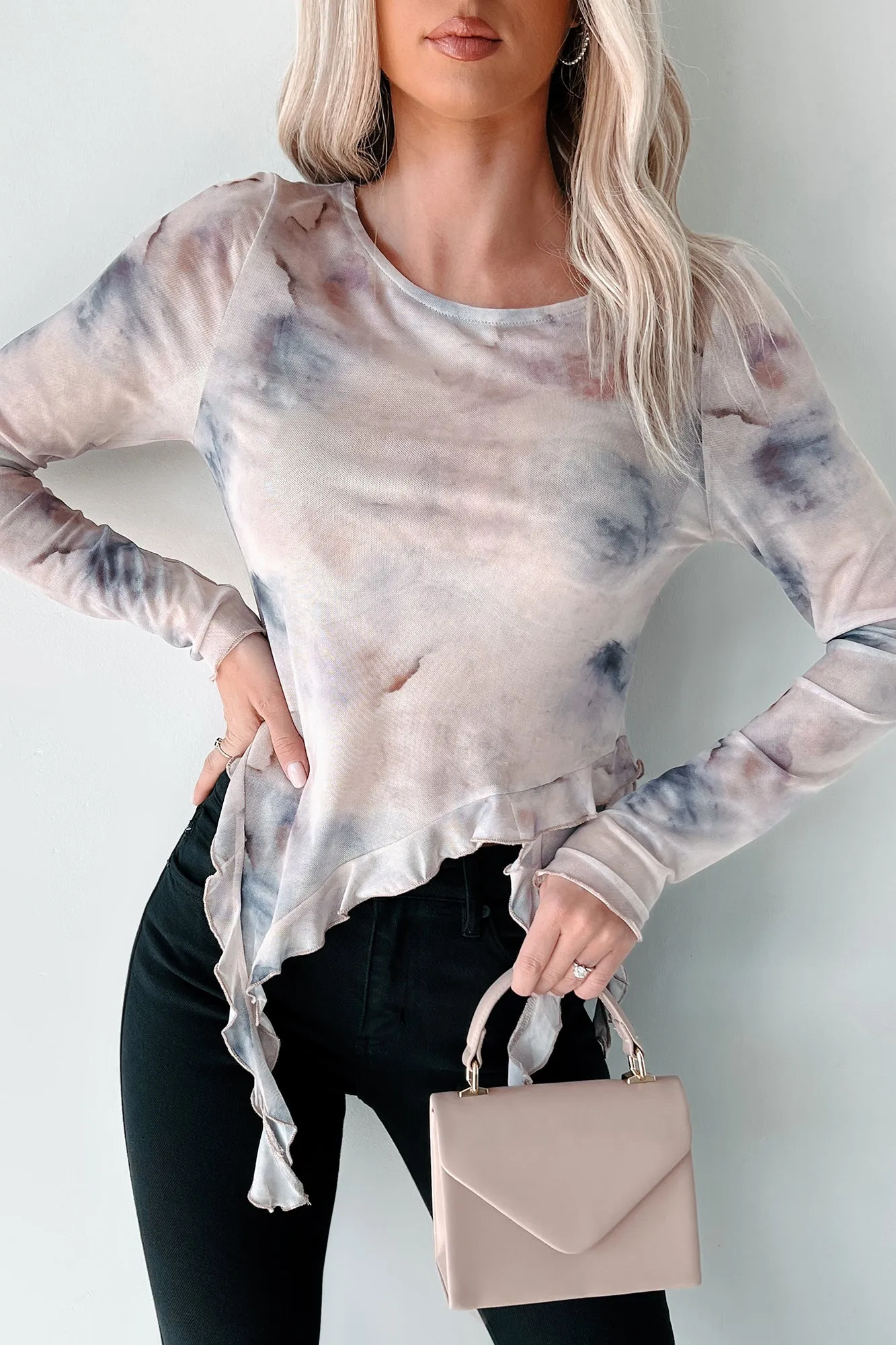 Artistic Expression Ruffle Mesh Top (Grey/Mauve)