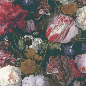Artistic Floral Wallpaper in Teal/Gold