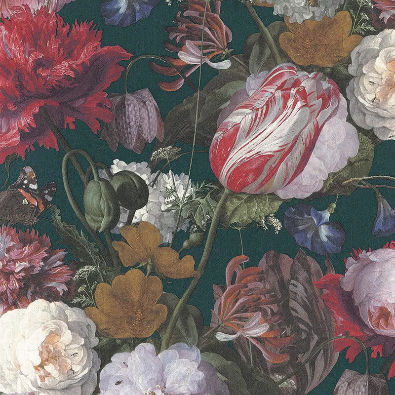 Artistic Floral Wallpaper in Teal/Gold