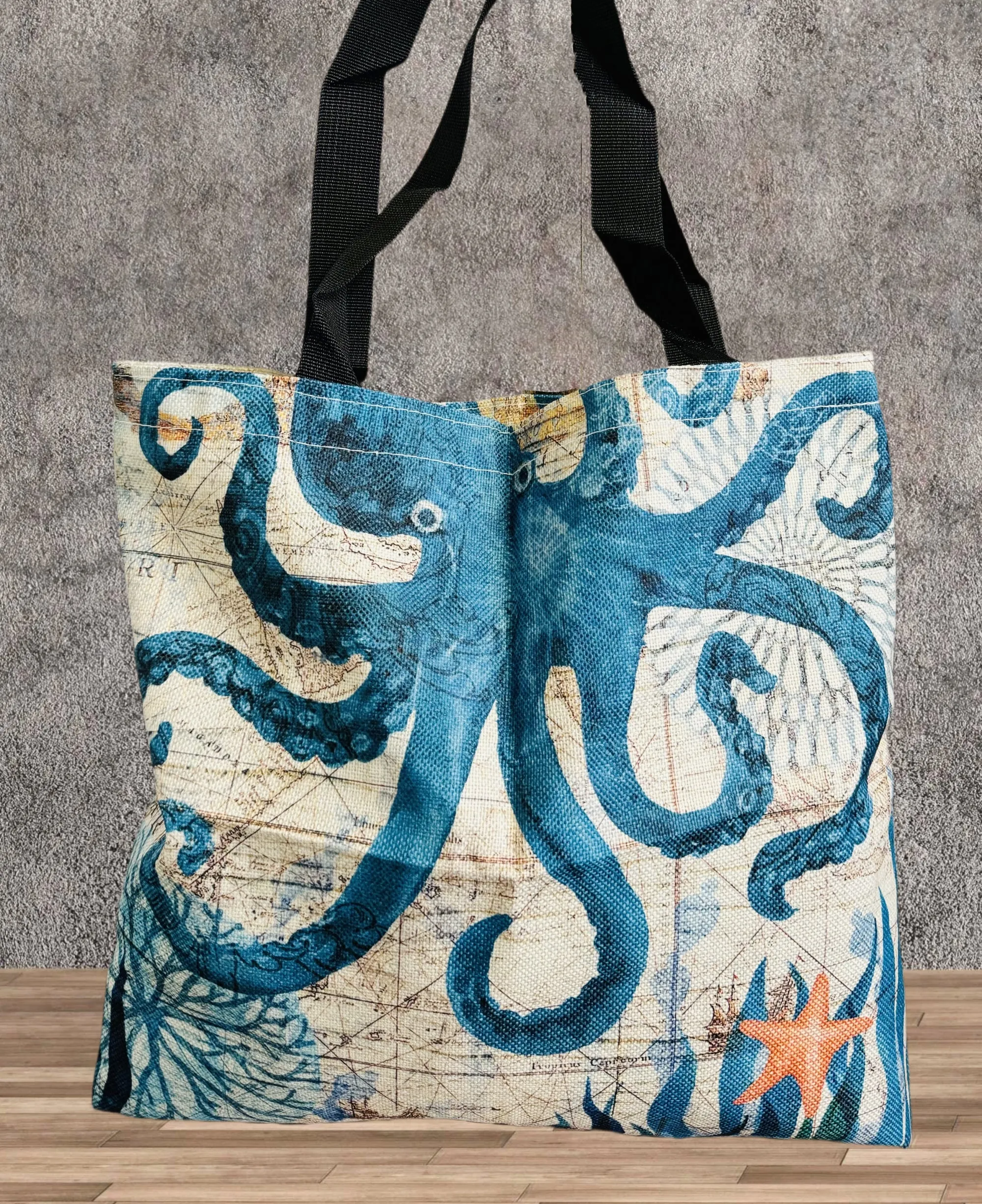 Beige-Blue Octopus Linen Tote Bag