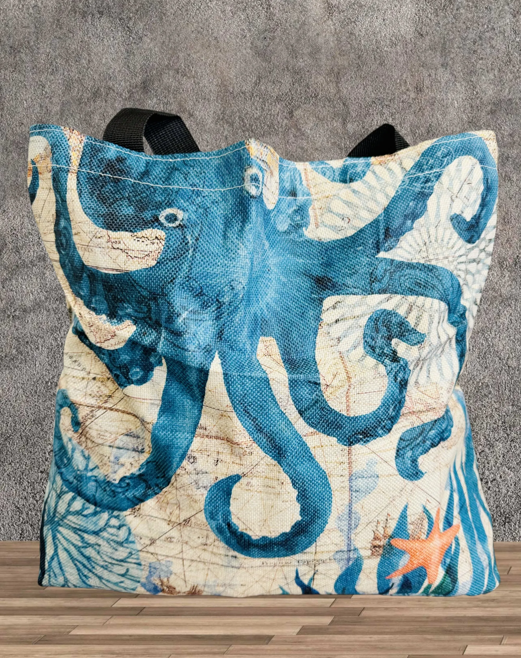 Beige-Blue Octopus Linen Tote Bag