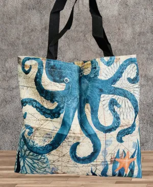Beige-Blue Octopus Linen Tote Bag