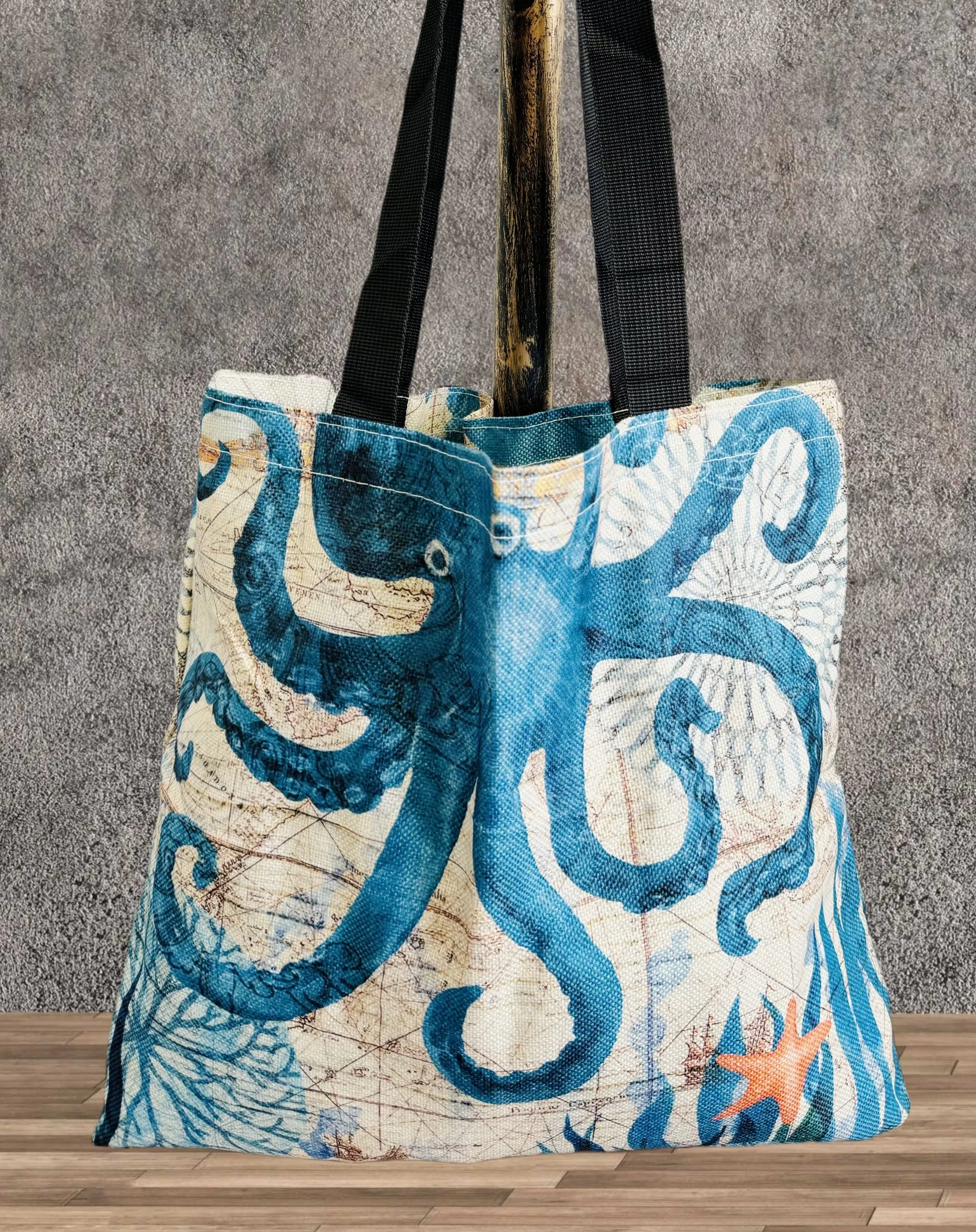 Beige-Blue Octopus Linen Tote Bag