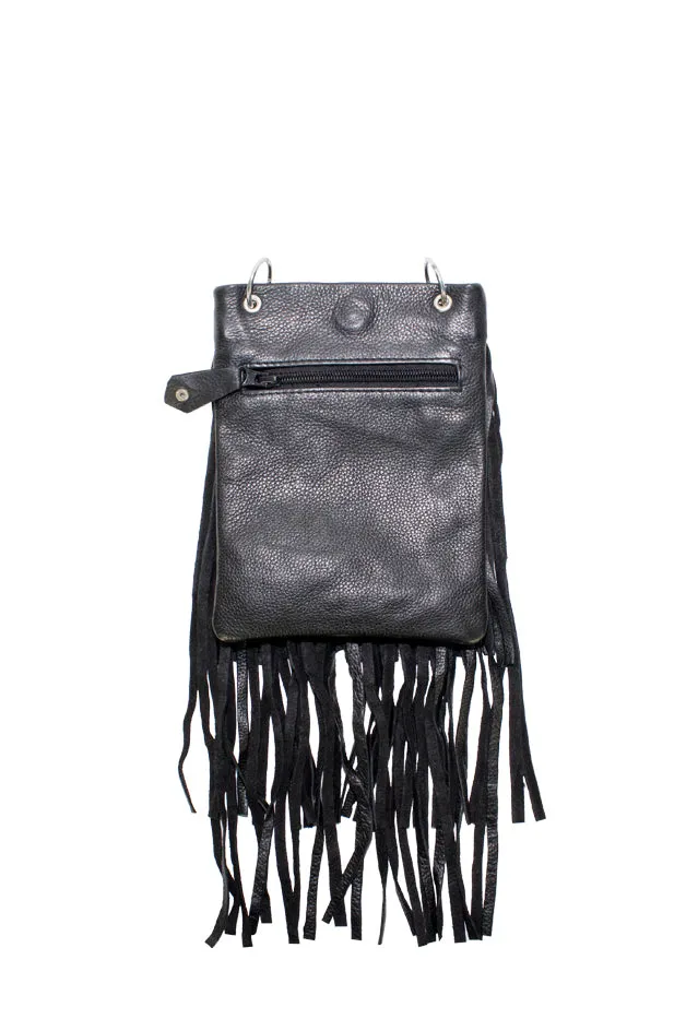 Black Naked Cowhide Leather Belt Bag w/ Chain and Fringe