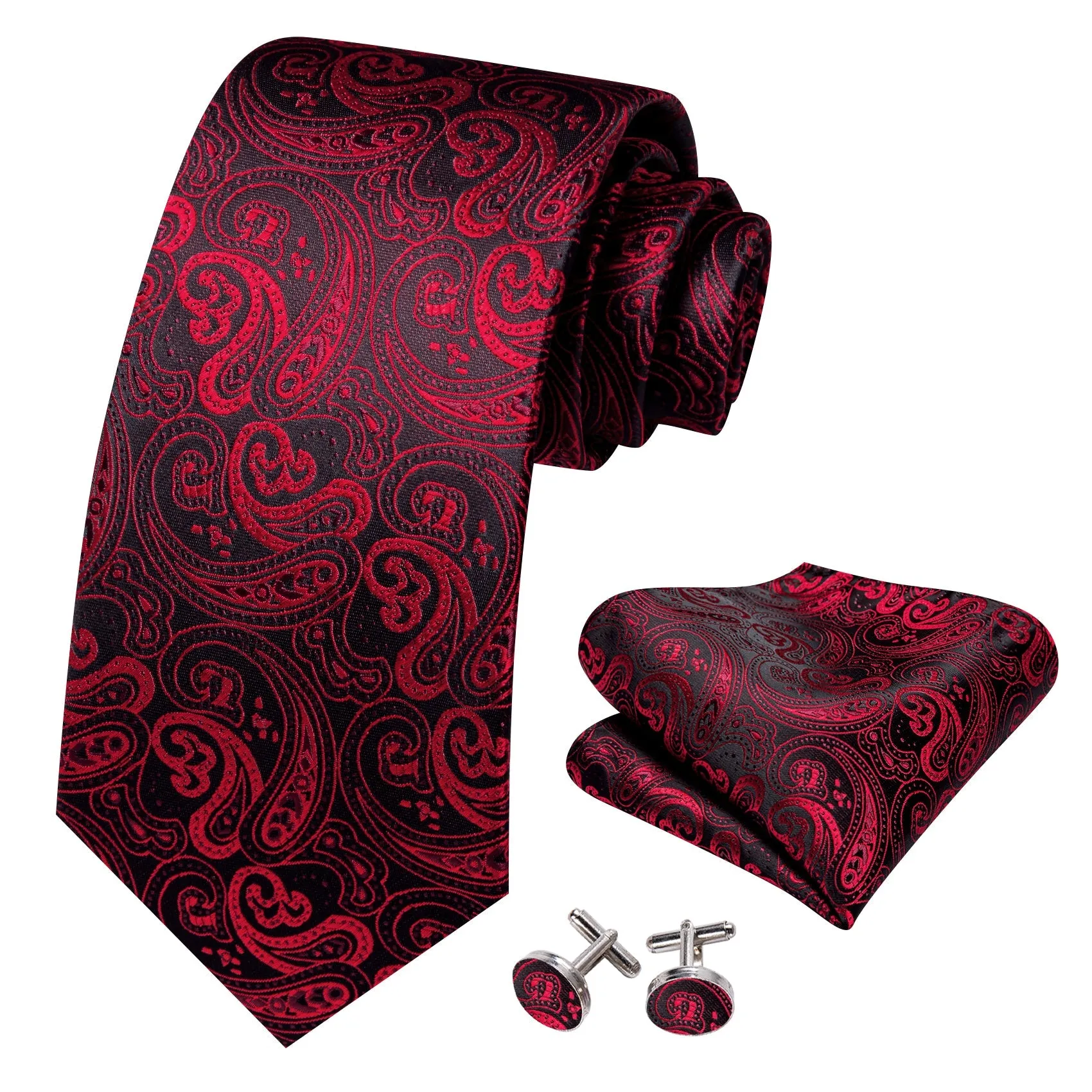 Black Red Paisley Tie Pocket Square Cufflinks Set with Spacious Ring