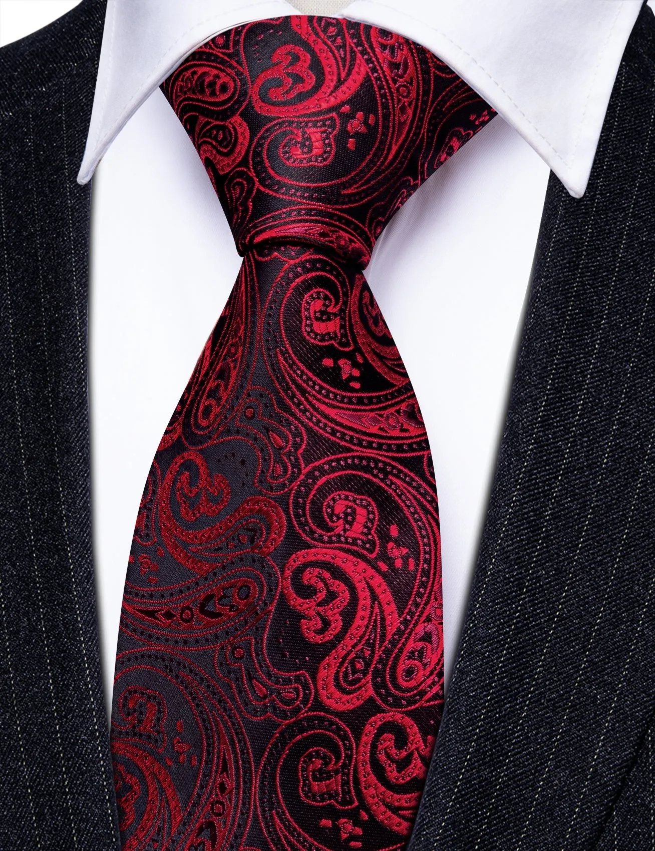Black Red Paisley Tie Pocket Square Cufflinks Set with Spacious Ring
