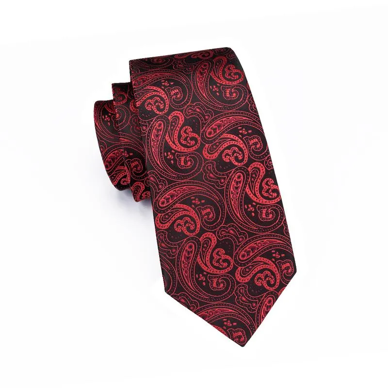 Black Red Paisley Tie Pocket Square Cufflinks Set with Spacious Ring