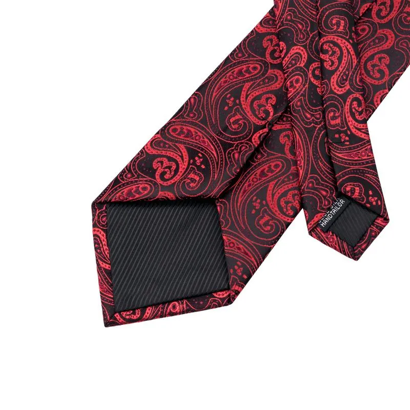 Black Red Paisley Tie Pocket Square Cufflinks Set with Spacious Ring