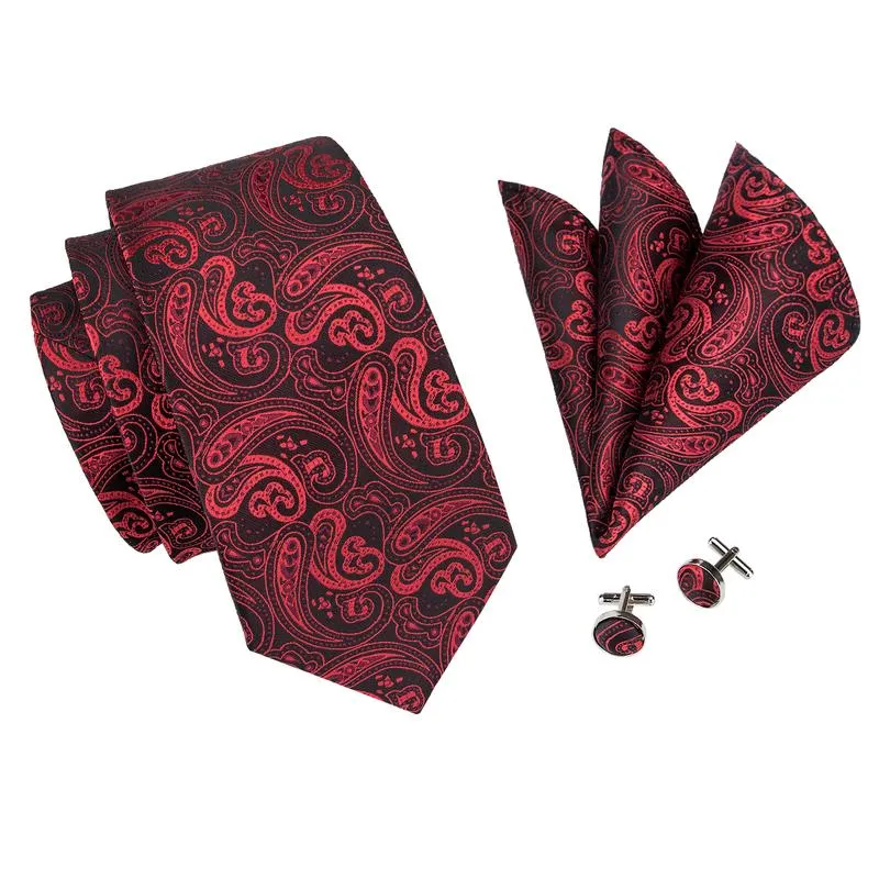 Black Red Paisley Tie Pocket Square Cufflinks Set with Spacious Ring