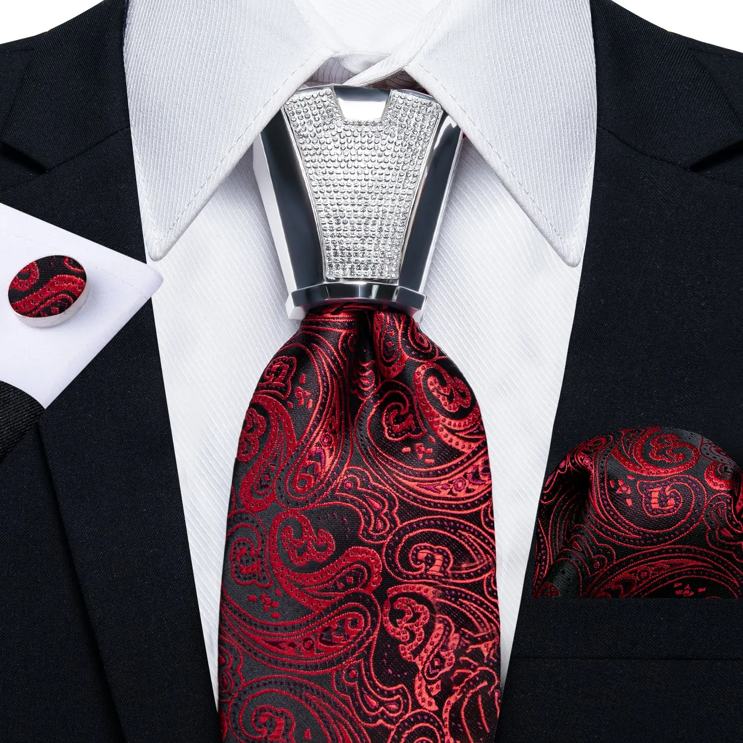 Black Red Paisley Tie Pocket Square Cufflinks Set with Spacious Ring