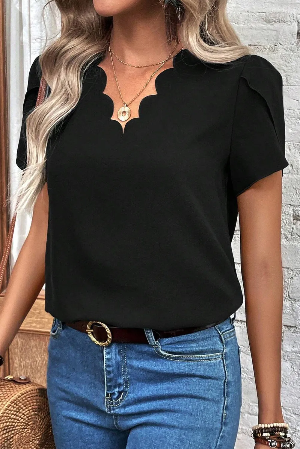 Black Scallop Trim V Neck Petal Sleeve Blouse