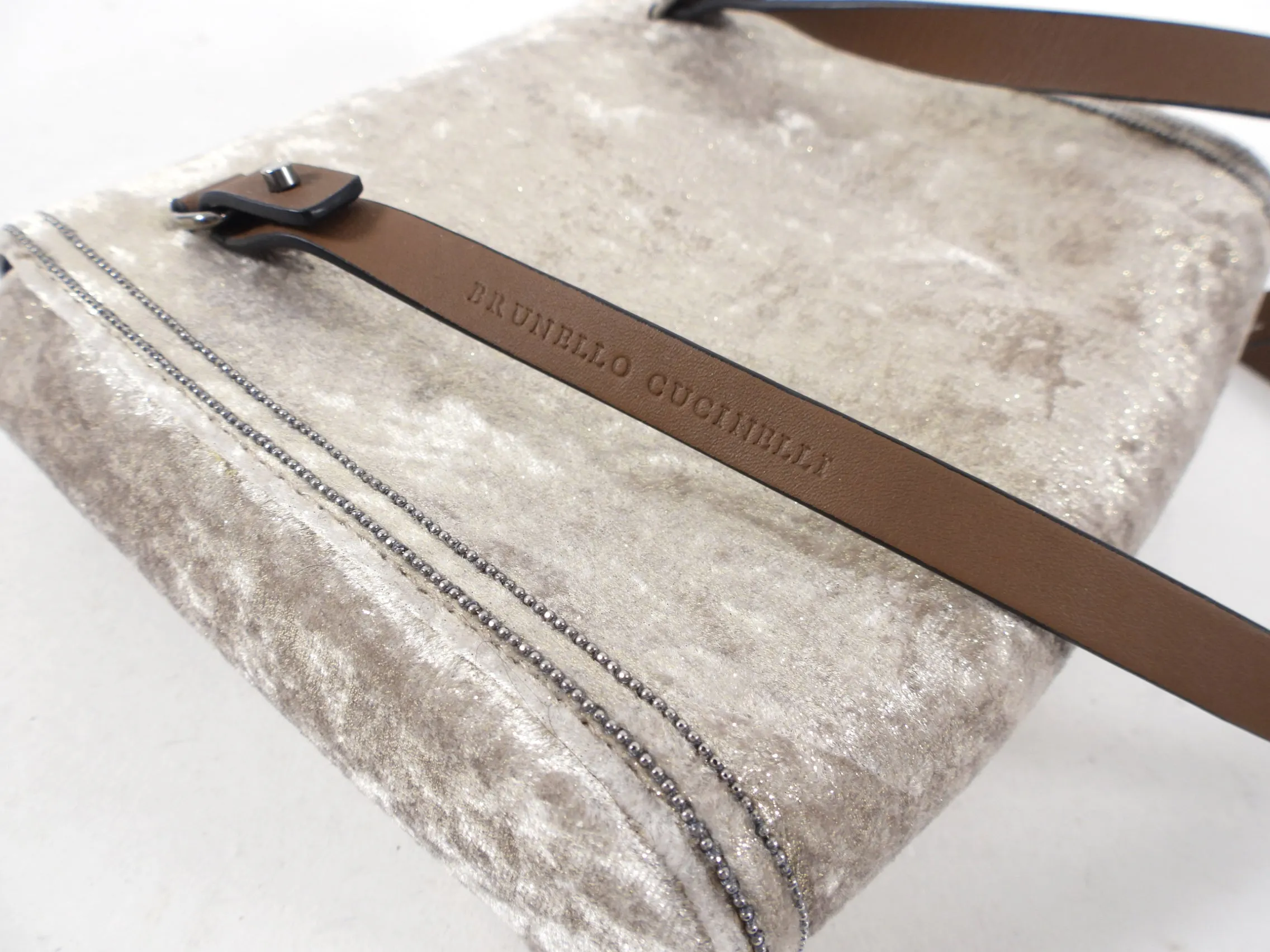 Brunello Cucinelli Ivory Velvet City Monili Crossbody Bag