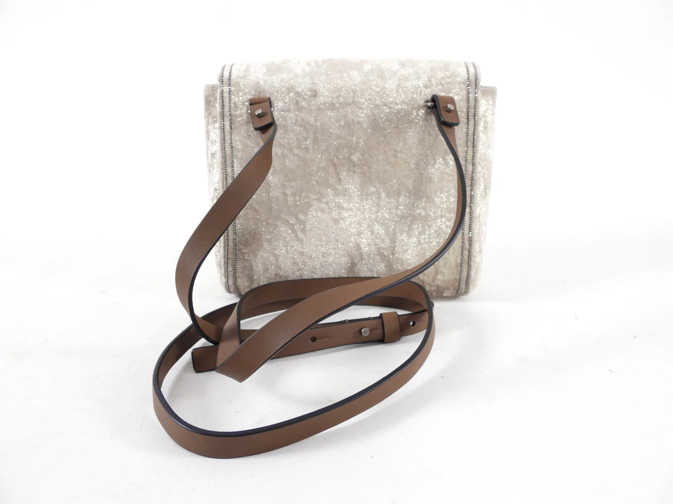 Brunello Cucinelli Ivory Velvet City Monili Crossbody Bag