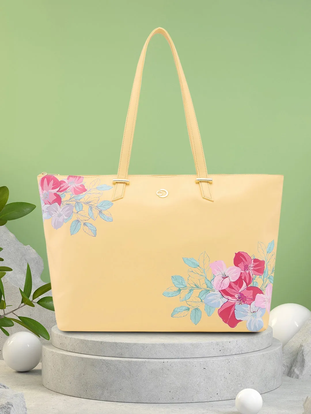 Caprese Shanaya Tote Large Printed Womens Office Handbag Yellow