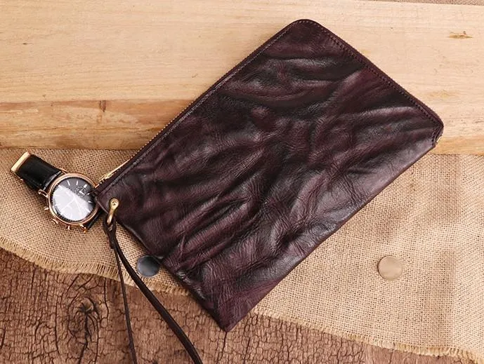 COFFEE Small MENS LEATHER SLIM ZIPPER CLUTCH WRISTLET PURSE BAG CLUTCH BAG FOR MEN