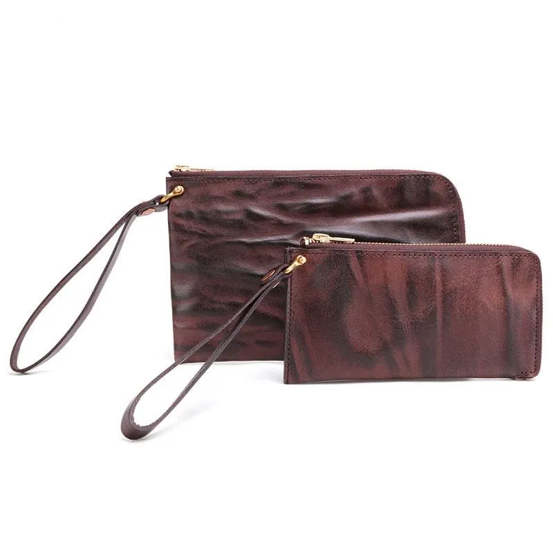 COFFEE Small MENS LEATHER SLIM ZIPPER CLUTCH WRISTLET PURSE BAG CLUTCH BAG FOR MEN