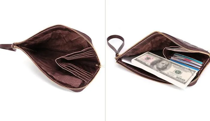 COFFEE Small MENS LEATHER SLIM ZIPPER CLUTCH WRISTLET PURSE BAG CLUTCH BAG FOR MEN