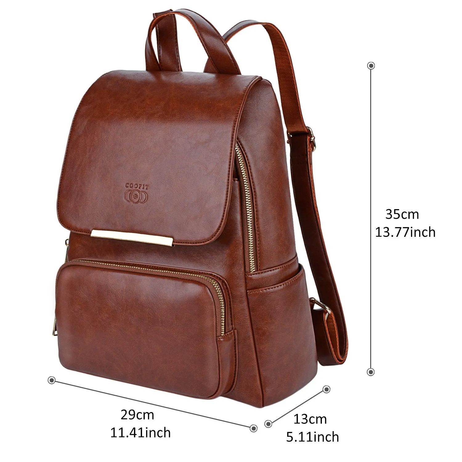 COOFIT PU Leather Backpack School Backpack Casual Daypack with Pouch for Women Brown