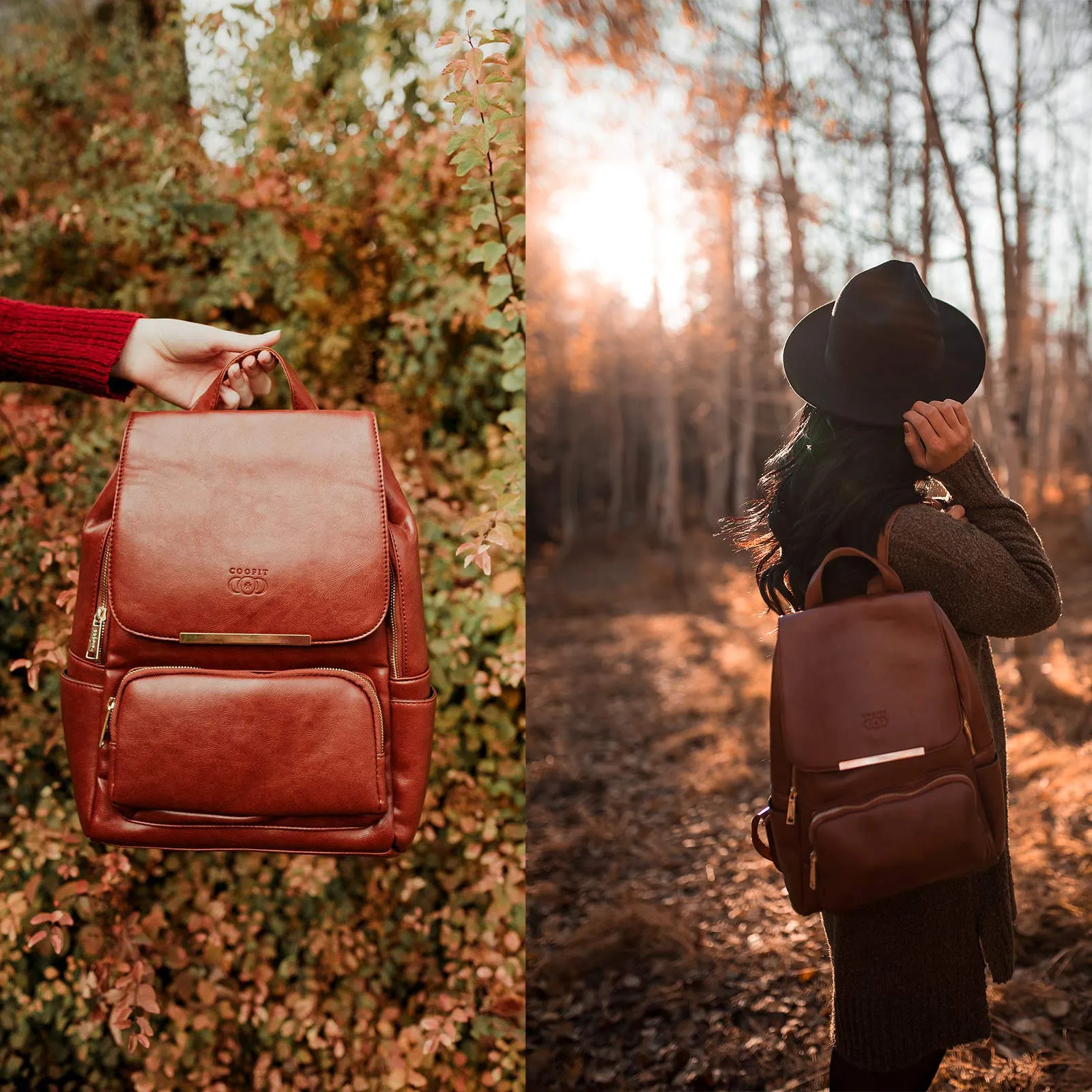 COOFIT PU Leather Backpack School Backpack Casual Daypack with Pouch for Women Brown