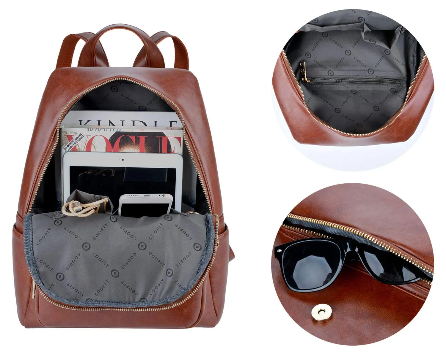 COOFIT PU Leather Backpack School Backpack Casual Daypack with Pouch for Women Brown