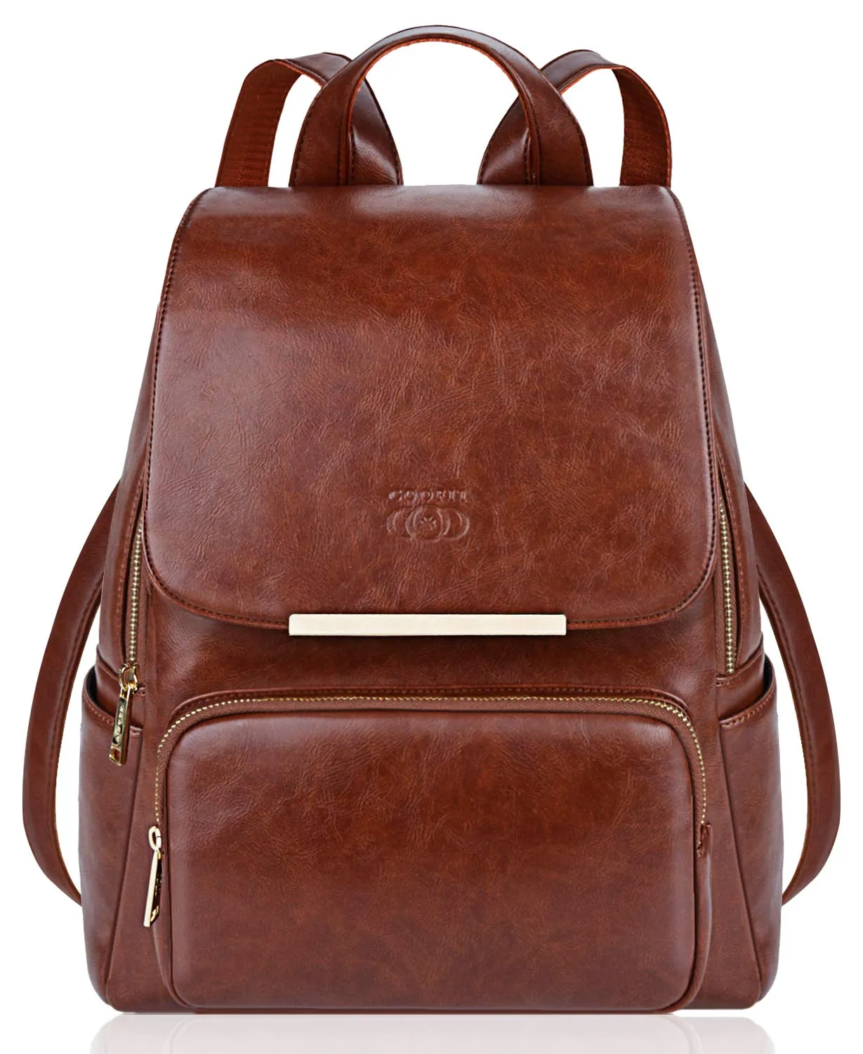 COOFIT PU Leather Backpack School Backpack Casual Daypack with Pouch for Women Brown
