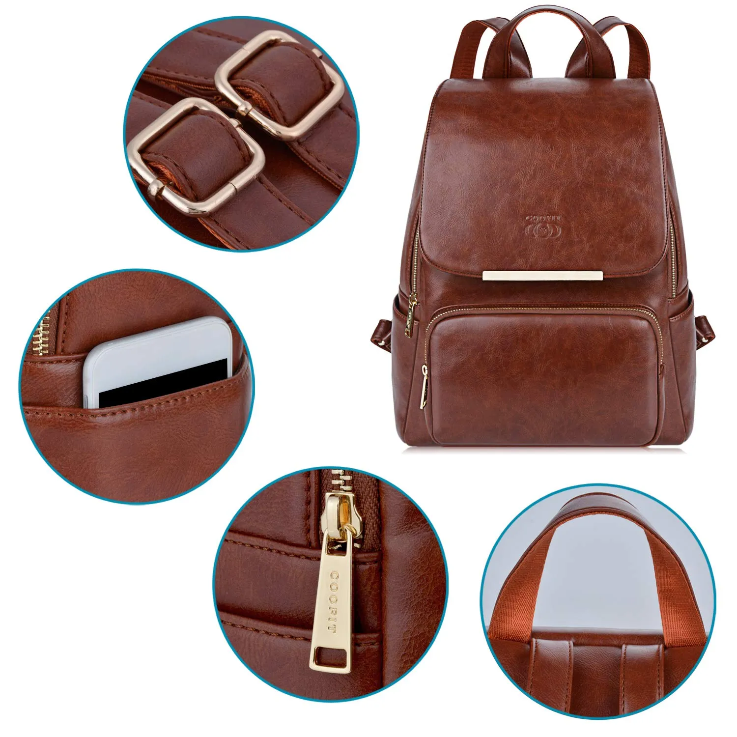 COOFIT PU Leather Backpack School Backpack Casual Daypack with Pouch for Women Brown