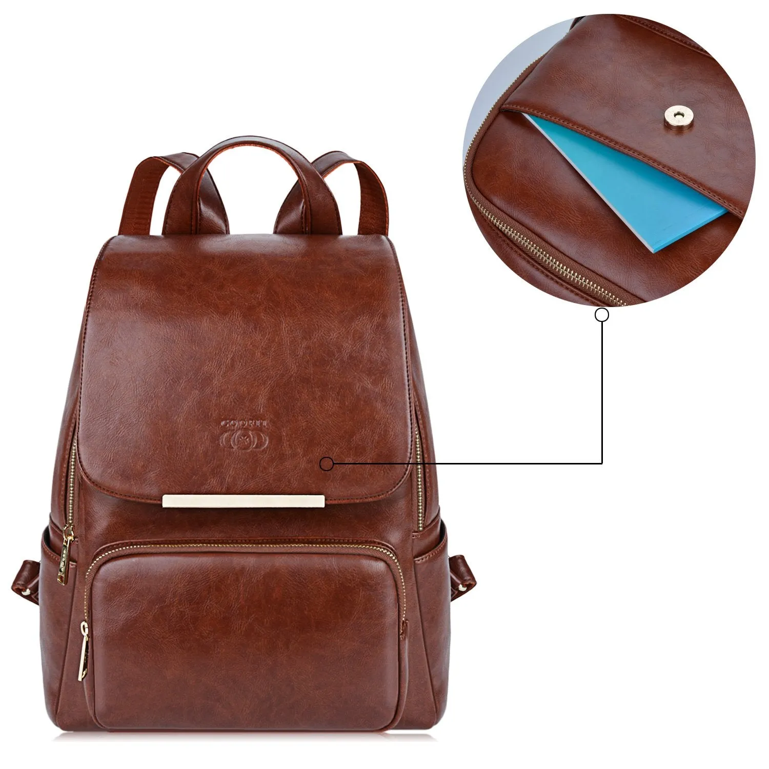 COOFIT PU Leather Backpack School Backpack Casual Daypack with Pouch for Women Brown