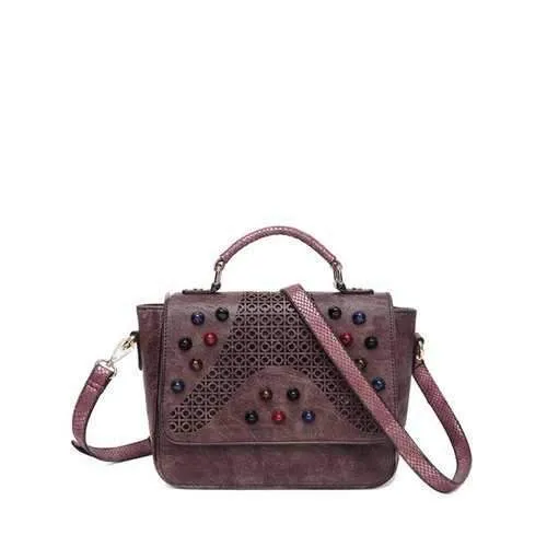 Cut Out Colored Rivet Handbag - Dark Red