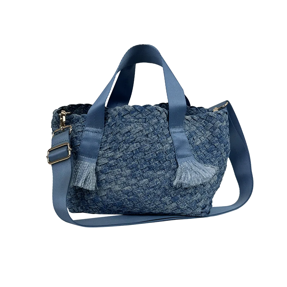 Darcy Woven Denim Tote w/ Self Handles w/ Crossbody Strap