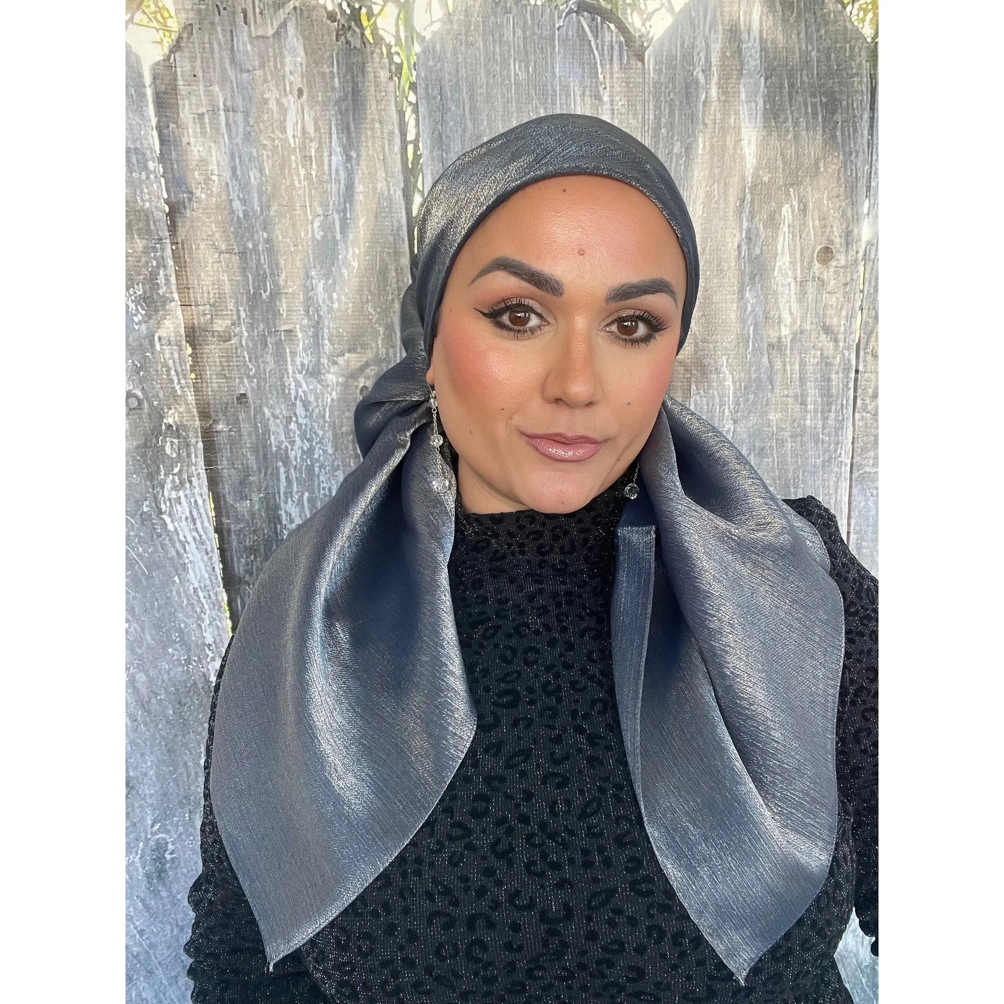Elegant Metallic Square Headscarf - Navy/Silver