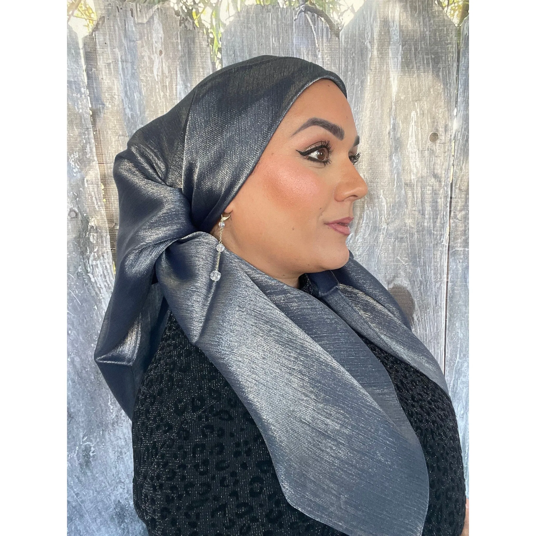 Elegant Metallic Square Headscarf - Navy/Silver