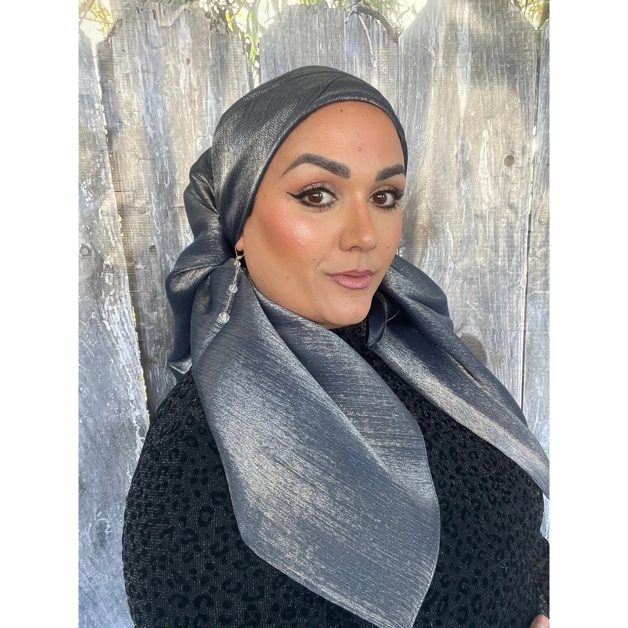 Elegant Metallic Square Headscarf - Navy/Silver
