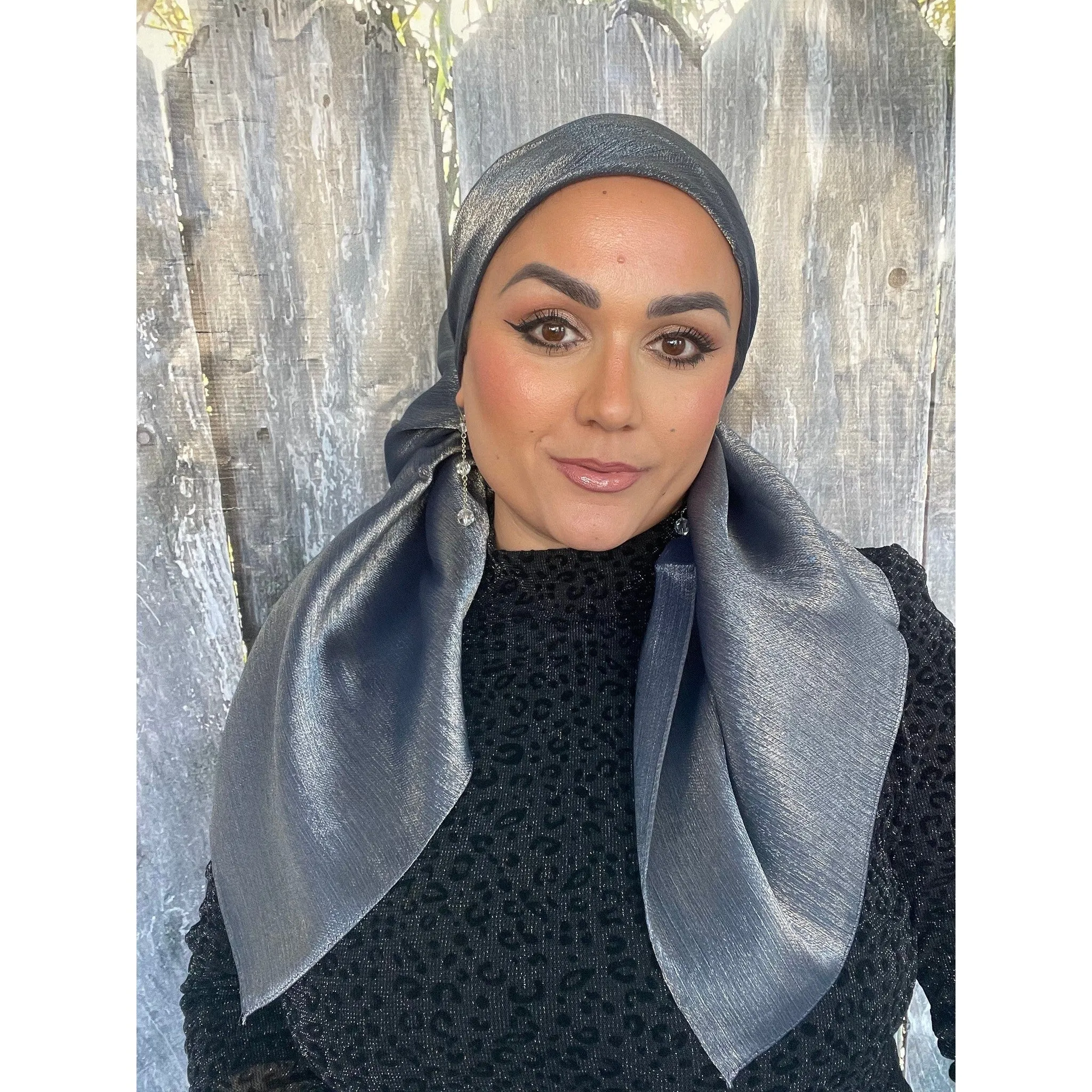Elegant Metallic Square Headscarf - Navy/Silver
