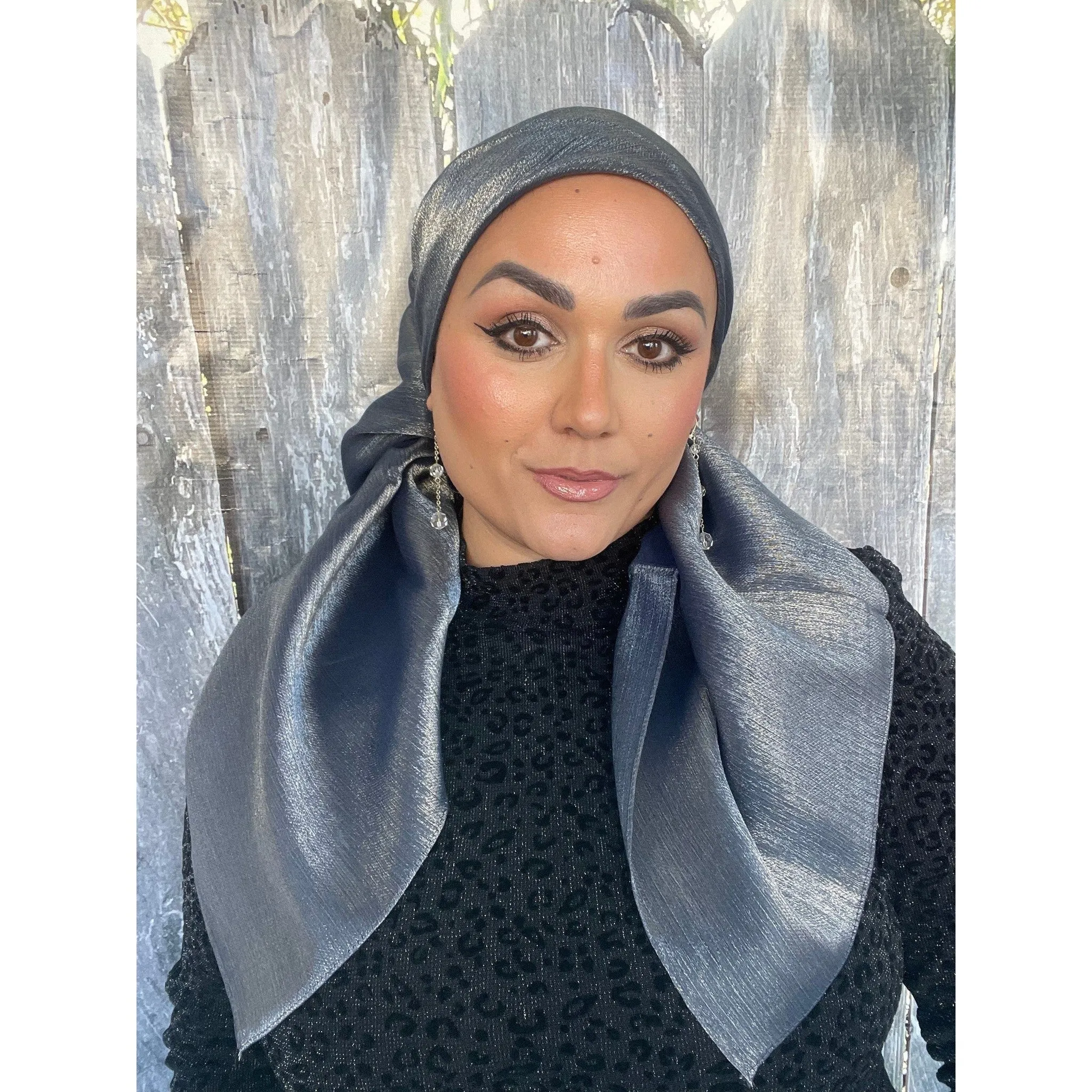 Elegant Metallic Square Headscarf - Navy/Silver