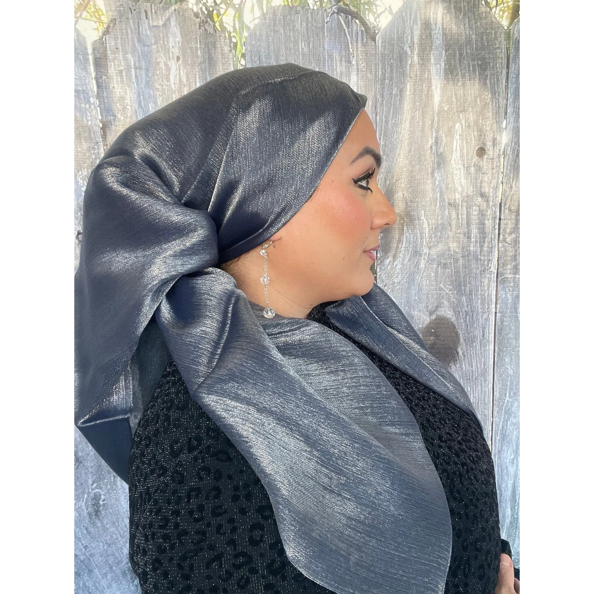 Elegant Metallic Square Headscarf - Navy/Silver