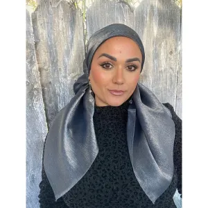 Elegant Metallic Square Headscarf - Navy/Silver