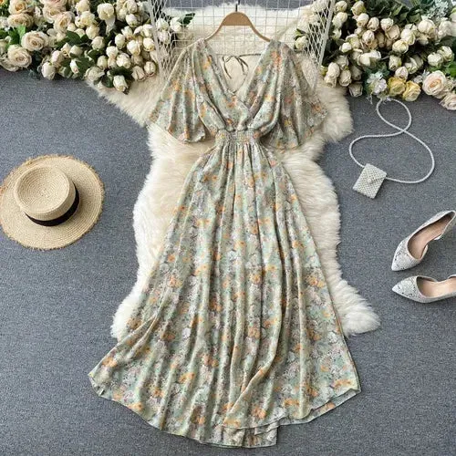 Elegant Ruffled Midi Dress With Floral Print
