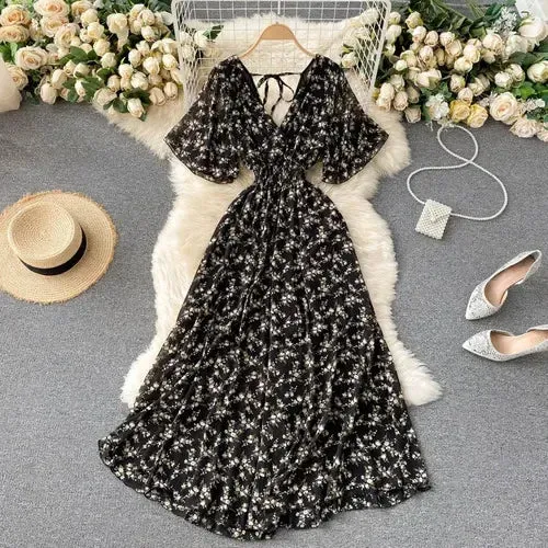 Elegant Ruffled Midi Dress With Floral Print