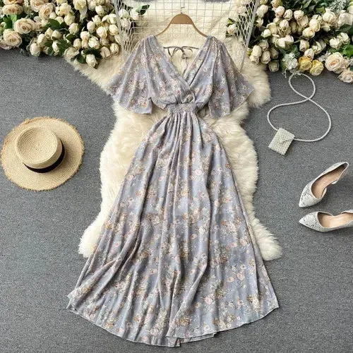 Elegant Ruffled Midi Dress With Floral Print