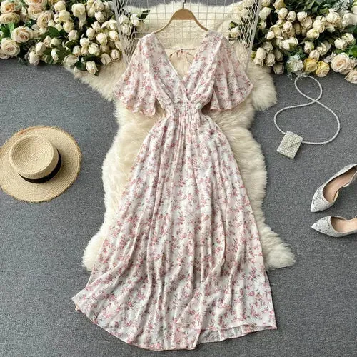 Elegant Ruffled Midi Dress With Floral Print