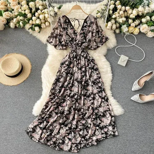 Elegant Ruffled Midi Dress With Floral Print